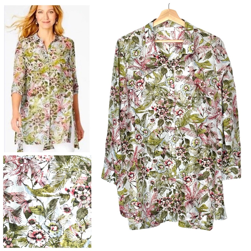 J. Jill Cotton Silk Blend Hummingbird Button Down Tunic Size Large Petite
